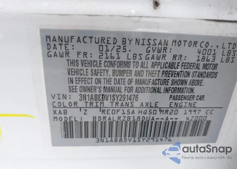 2025 Nissan Sentra Sr из США, поврежденный, VIN 3N1AB8DV1SY291476